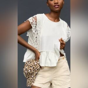 Anthropologie Babydoll White Lace Sleeve Tee,  Relaxed and Boxy Fit, Size XXS